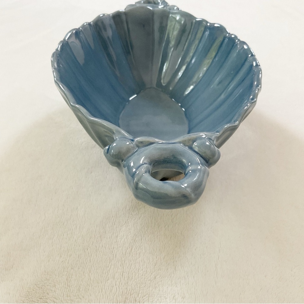 Vintage Blue Glazed Ceramic Centerpiece Bowl Leaf Handle MCM Console Bowl - Picture 5 of 16